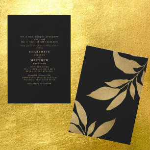Glam Black Metallic Gold Foliage Wedding Invitation