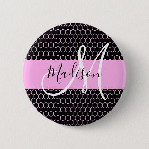 Glam Black Metallic Pink Honeycomb Monogram Name 6 Cm Round Badge