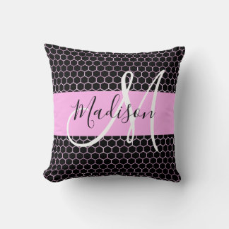 Glam Black Metallic Pink Honeycomb Monogram Name Cushion