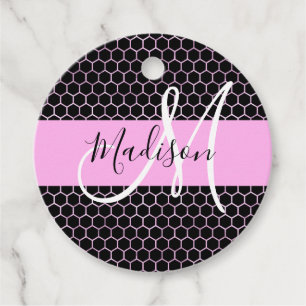Glam Black Metallic Pink Honeycomb Monogram Name Favour Tags