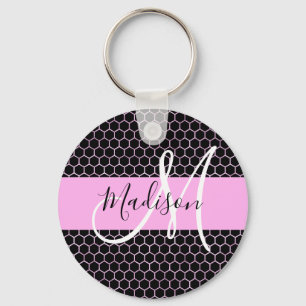 Glam Black Metallic Pink Honeycomb Monogram Name Key Ring