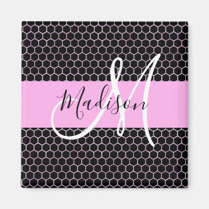 Glam Black Metallic Pink Honeycomb Monogram Name Magnet
