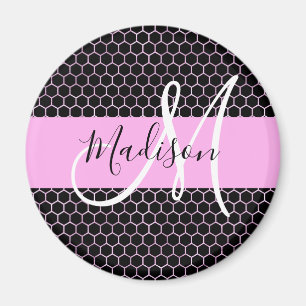 Glam Black Metallic Pink Honeycomb Monogram Name Magnet