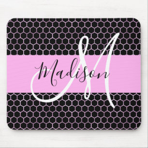 Glam Black Metallic Pink Honeycomb Monogram Name Mouse Mat