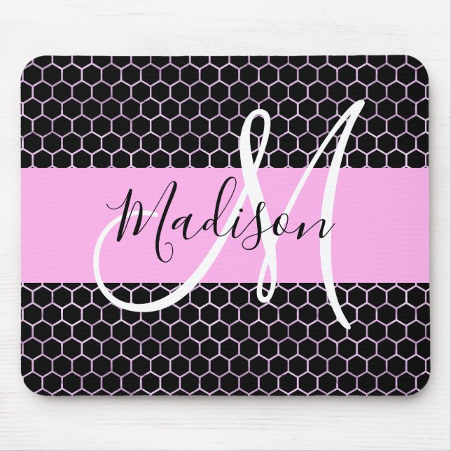 Glam Black Metallic Pink Honeycomb Monogram Name Mouse Mat (Front)