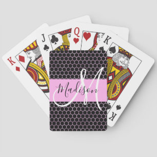 Glam Black Metallic Pink Honeycomb Monogram Name Playing Cards