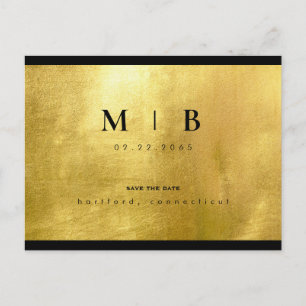 Glam Black Monogram & Gold Sleek Save the Date Postcard