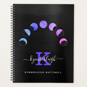 Glam Black Moon Phases Pastel Monogram Name Large  Planner