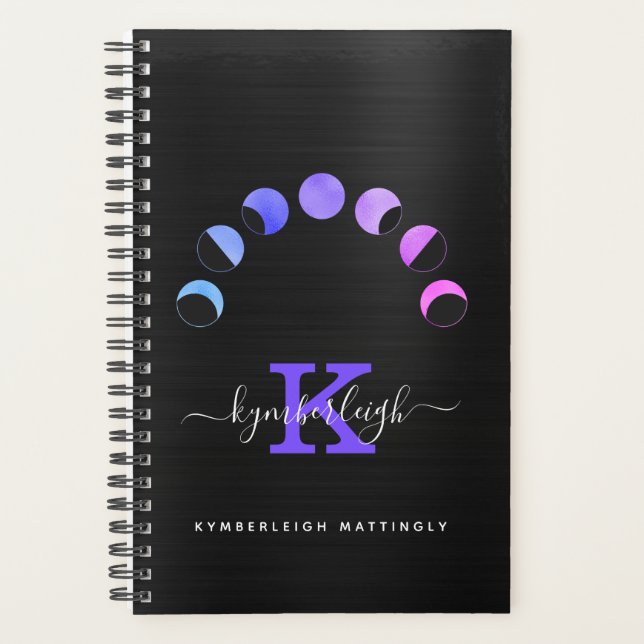 Glam Black Moon Phases Pastel Monogram Name Small Planner (Front)