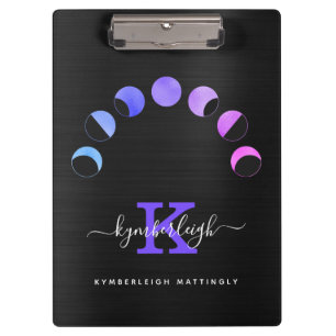 Glam Black Moon Phases Pastel Purple Monogram Name Clipboard