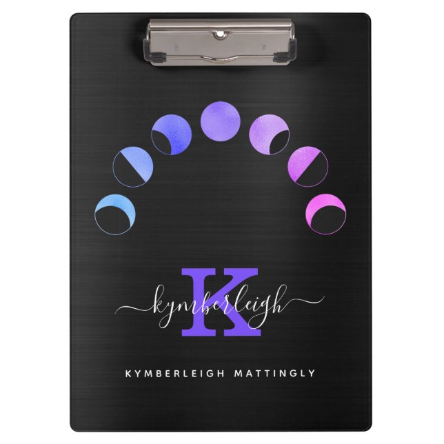 Glam Black Moon Phases Pastel Purple Monogram Name Clipboard (Front)