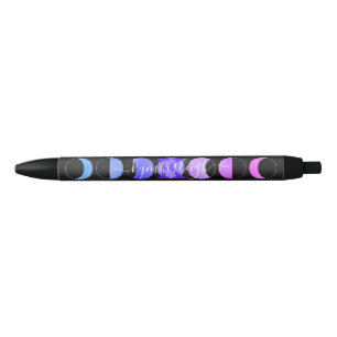 Glam Black Moon Phases Pastel Purple Monogram Name Ink Pen