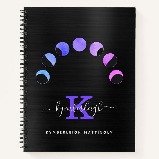 Glam Black Moon Phases Pastel Purple Monogram Name Notebook (Front)