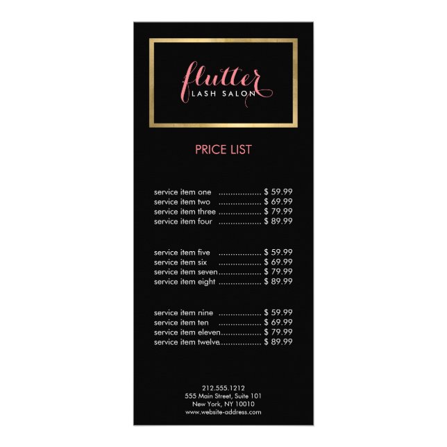 Glam Black Pink Gold Lash Salon Rack Card (Front)