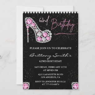 Glam Black Pink Silver Diamond 62nd birthday Invitation