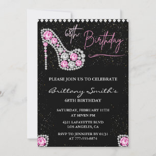 Glam Black Pink Silver Diamond 68th birthday Invitation