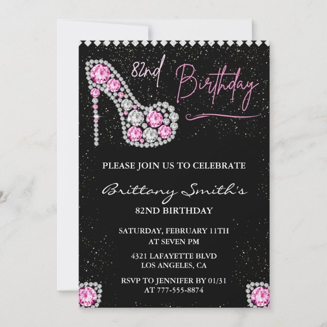 Glam Black Pink Silver Diamond 82nd birthday Invitation (Front)