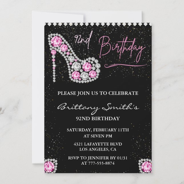 Glam Black Pink Silver Diamond 92nd birthday Invitation (Front)