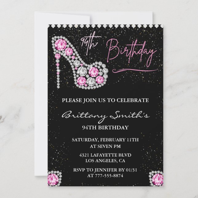 Glam Black Pink Silver Diamond 94th birthday Invitation (Front)