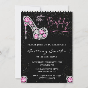 Glam Black Pink Silver Diamond 98th birthday Invitation