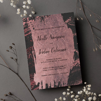 Glam black rose gold brush stroke marble wedding invitation