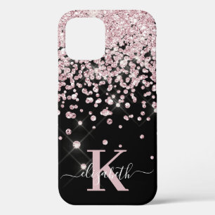 Glam Black Rose Gold Diamond Confetti Monogrammed iPhone 12 Pro Case
