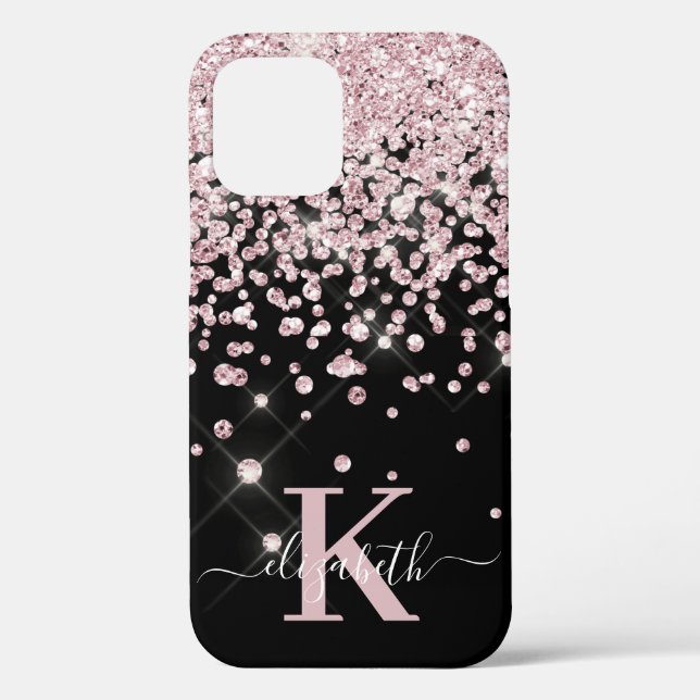 Glam Black Rose Gold Diamond Confetti Monogrammed Case-Mate iPhone Case (Back)
