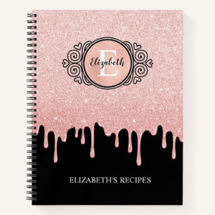 Glam Black Rose Gold Dripping Glitter Recipe Notebook