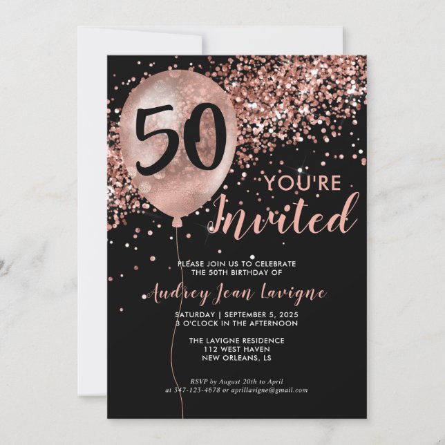 Glam Black Rose Gold Glitter Balloon 50th Birthday Invitation (Front)