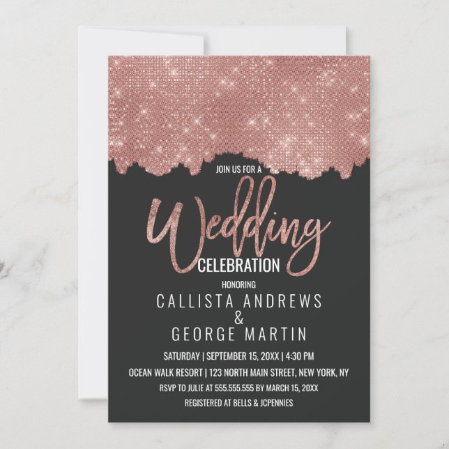 Glam Black Rose Gold Glitter Colour Block Wedding Invitation (Front)