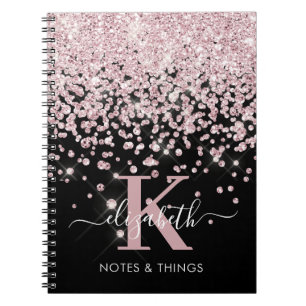 Glam Black Rose Gold Glitter Diamond Monogrammed  Notebook