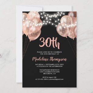 Glam Black Rose Gold String Light Balloon Birthday Invitation