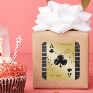 Glam Black Silk Gold Striped Ace of Clubs Favour Square Sticker