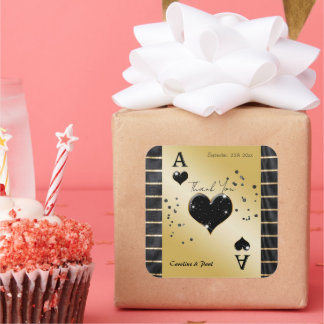 Glam Black Silk Gold Striped Ace of Hearts Favour Square Sticker