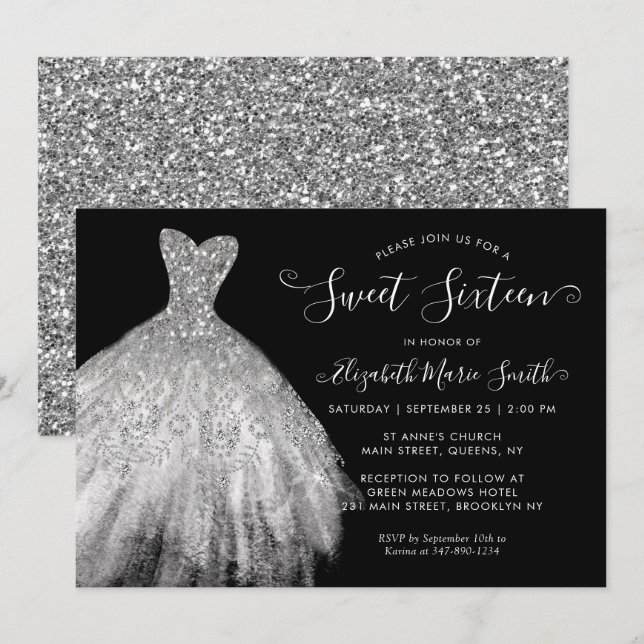 Glam Black Silver Glitter Dress Sweet 16 Birthday Invitation (Front/Back)