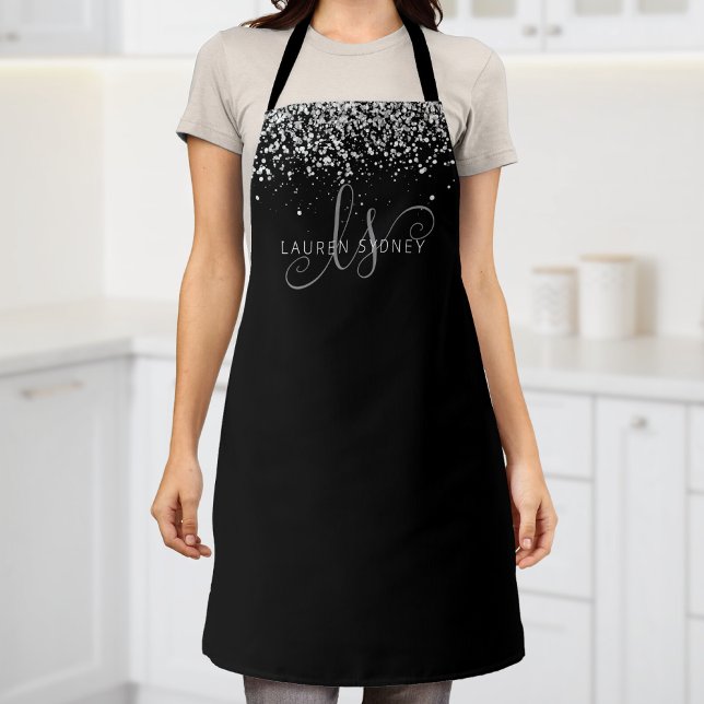 Glam Black Silver Glitter Glam Monogram Name Apron (Creator Uploaded)