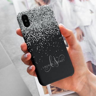 Glam Black Silver Glitter Monogram Name iPhone 13 Case