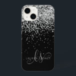 Glam Black Silver Glitter Monogram Name iPhone 14 Case<br><div class="desc">Glam Black Silver Glitter Elegant Monogram iPhone Case. Easily personalise this trendy chic phone case design featuring elegant silver sparkling glitter on a black background. The design features your handwritten script monogram with pretty swirls and name.</div>