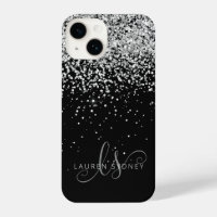 Glam Black Silver Glitter Monogram Name