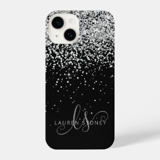 Glam Black Silver Glitter Monogram Name iPhone 14 Case