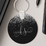 Glam Black Silver Glitter Monogram Name Key Ring<br><div class="desc">Glam Black Silver Glitter Elegant Monogram Keychain,  Easily personalise this trendy chic keychain design featuring elegant silver sparkling glitter on a black background. The design features your handwritten script monogram with pretty swirls and your name.</div>