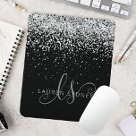Glam Black Silver Glitter Monogram Name Mouse Mat<br><div class="desc">Glam Black Silver Glitter Elegant Monogram Mouse Pad. Easily personalise this trendy chic mouse pad design featuring elegant silver sparkling glitter on a black background. The design features your handwritten script monogram with pretty swirls and name.</div>
