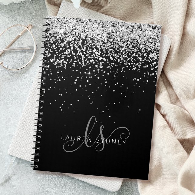 Glam Black Silver Glitter Monogram Name Notebook (Creator Uploaded)