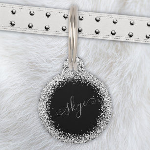Glam Black Silver Glitter Monogram Name Pet Tag