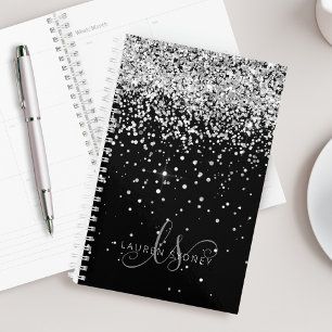 Glam Black Silver Glitter Monogram Name Planner