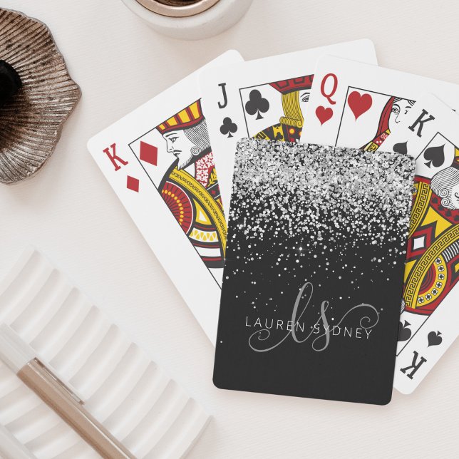Glam Black Silver Glitter Monogram Name Playing Cards (Creator Uploaded)