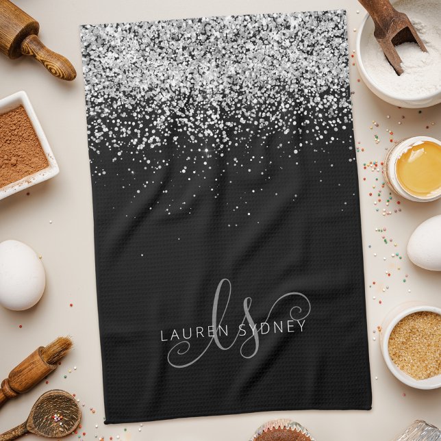 Glam Black Silver Glitter Monogram Name Tea Towel (Creator Uploaded)