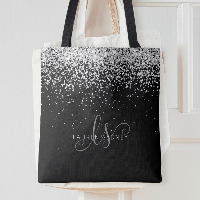 Glam Black Silver Glitter Monogram Name Tote Bag (Creator Uploaded)