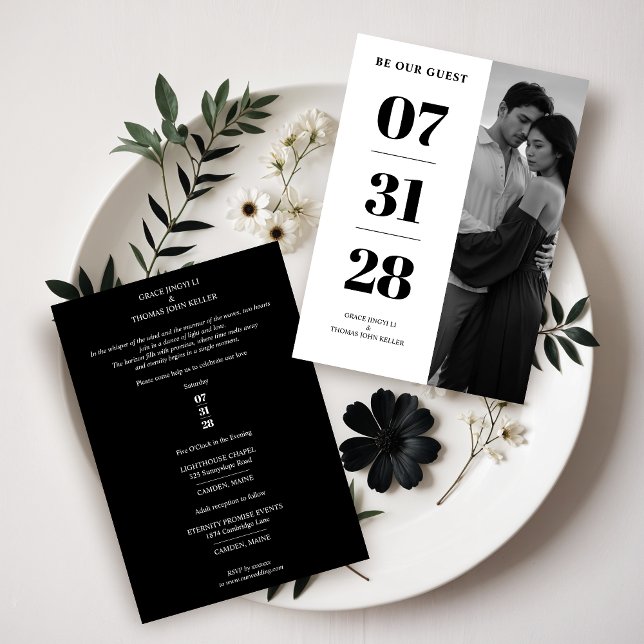 Glam Black & White Enchanting Delicate Minimal Invitation (Glam Simple Black & White Enchanting and Delicate Minimalist Photo Wedding Invitations Cards.)