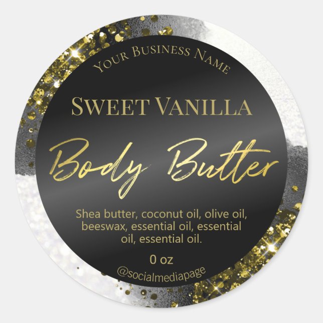 Glam Black White Gold Glitter Body Butter Labels (Front)